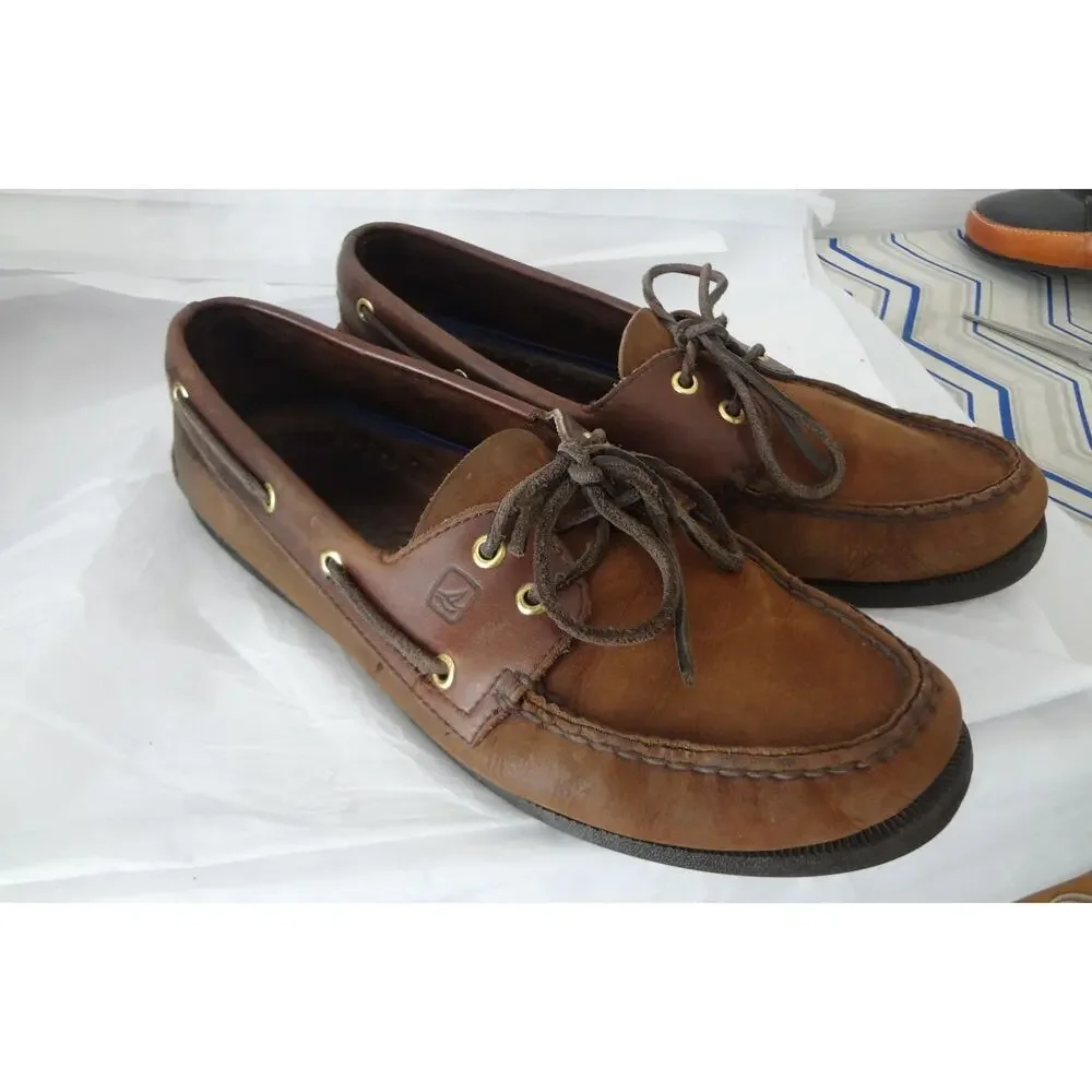 Sperry Top Sider Dark Brown Nubuck Leather Loafer Boat Mens 11W Wide Moc 2 Eye